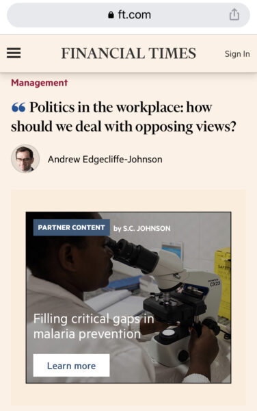 S.C. Johnson ad on Financial Times webpage.