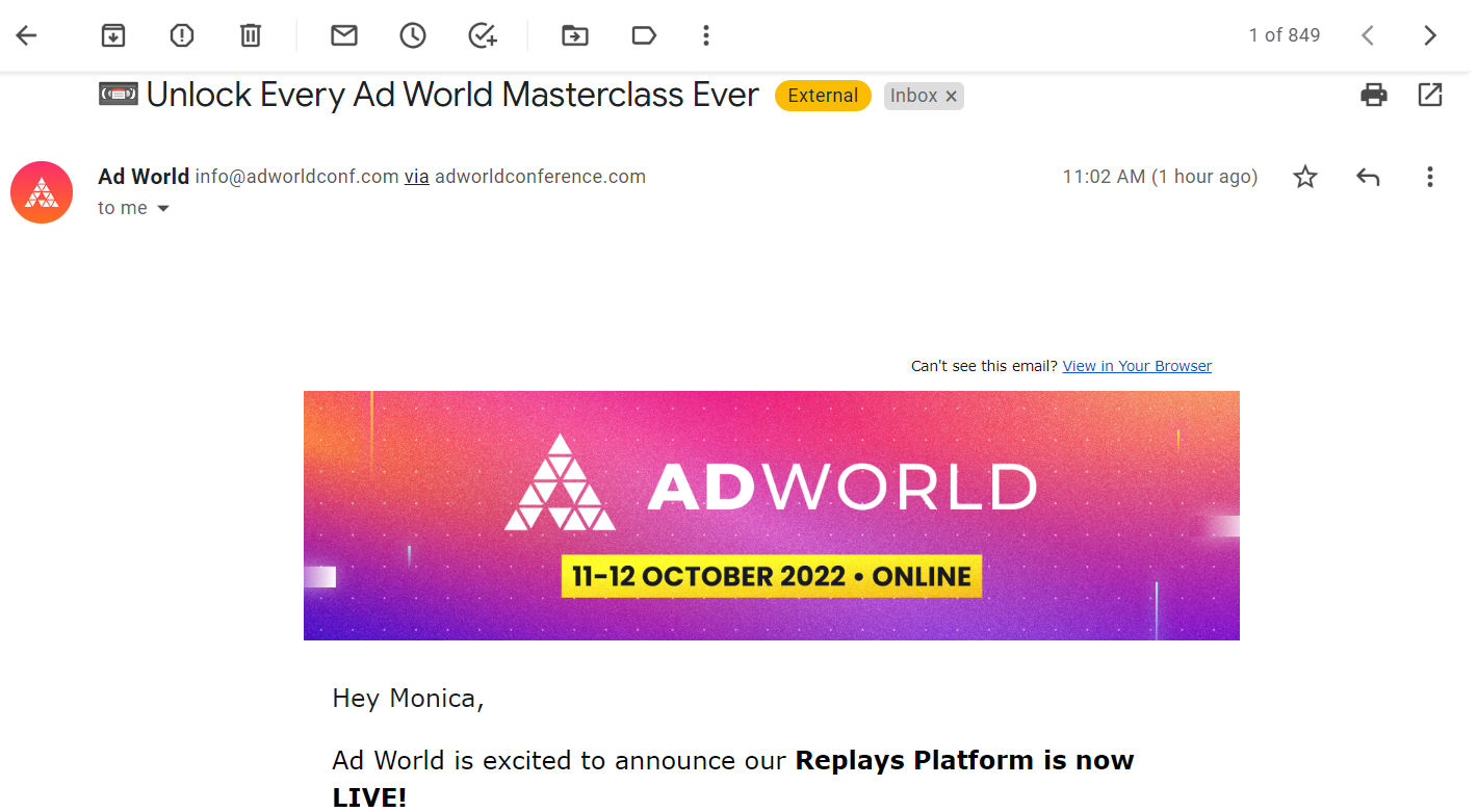 Gmail ad for AdWorld, which came from the newsletter.