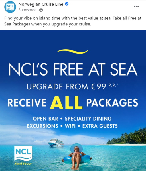 Norwegian Cruise Line ad on Facebook Feed.